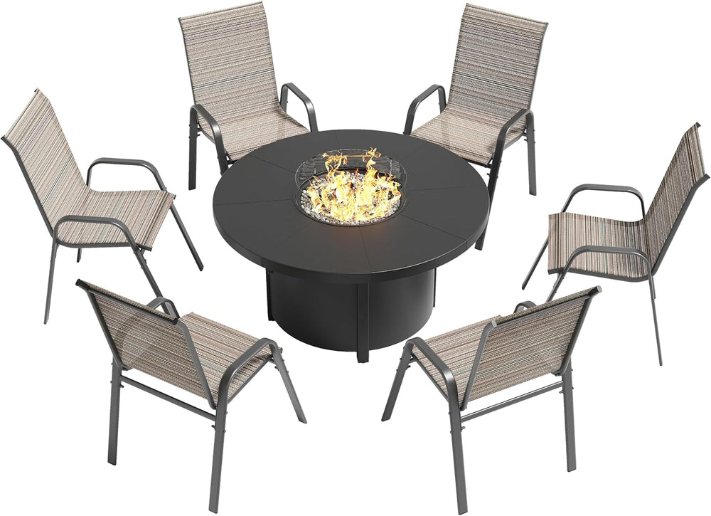 7 Pieces Outdoor Patio Furniture Set with 48" 55000 BTU Round Propane Fi...