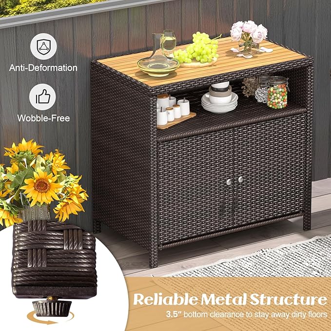 Tangkula Rattan Outdoor Storage Cabinet, Patiojoy Outdoor Cabinet with Acacia...