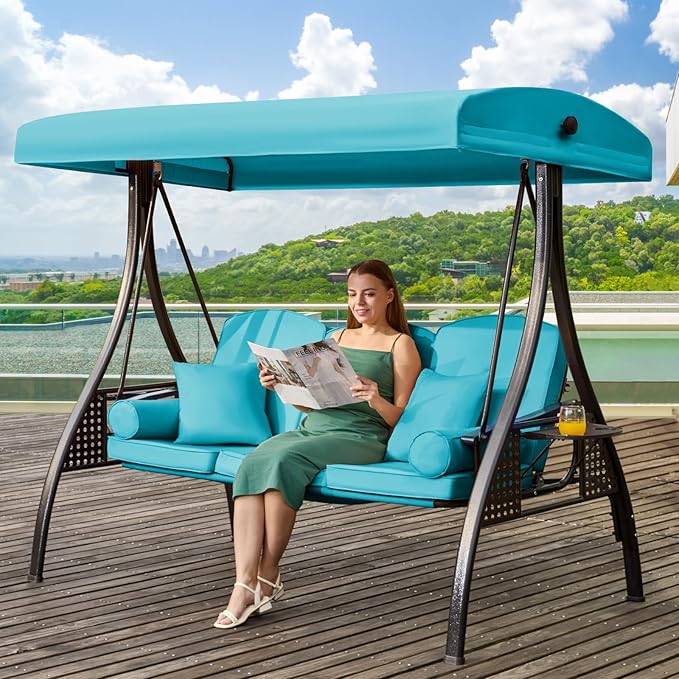 3 in 1 Outdoor Porch Swing with Adjustable Canopy, 3 Seat Outdoor Swing for A...