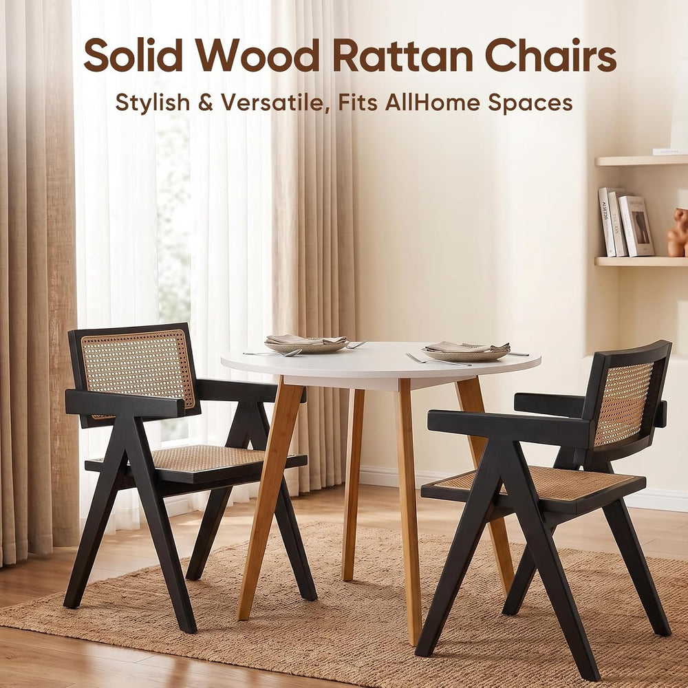 Accent Chairs Set of 2 Black Mid Century Modern Solid Wood Cane Armchairs