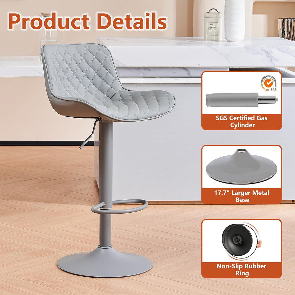 YOUTASTE All Grey Bar Stools Set of 2, Upholstered Counter Height Bar Stool, ...