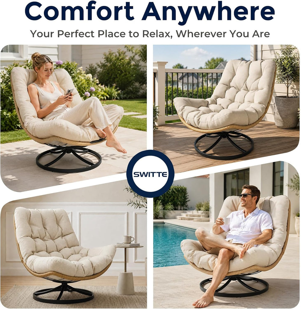 Outdoor Wicker Swivel Chair, 360° Rotating Patio Chair, Oatmeal