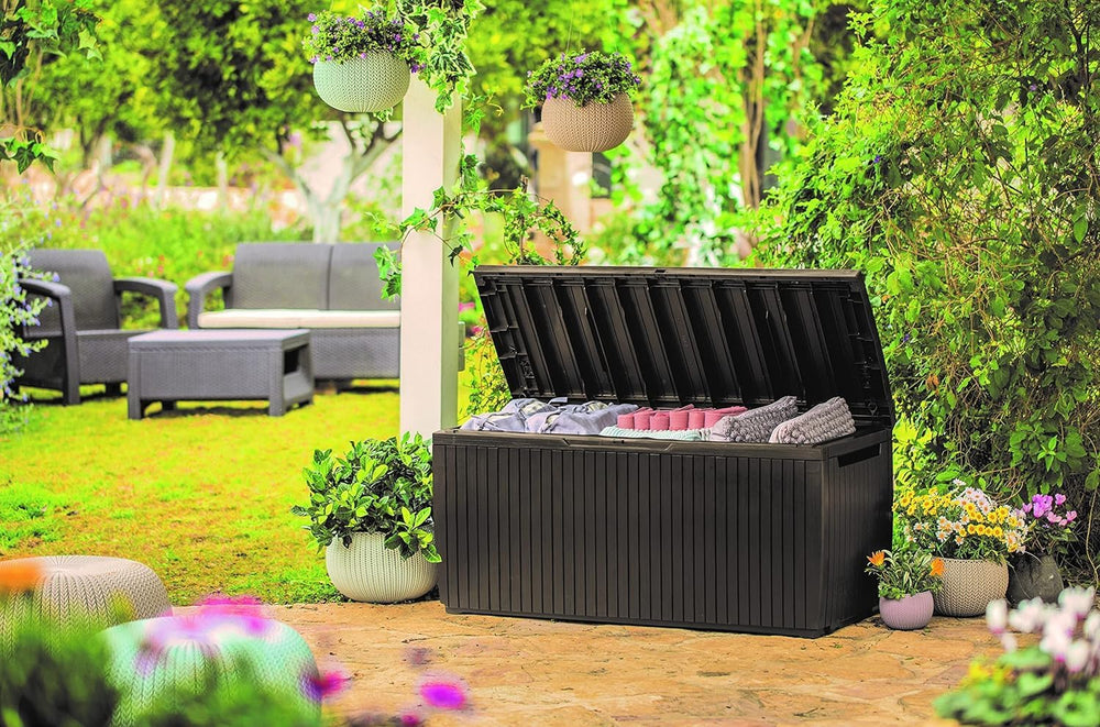 Keter Cushion Box, Rainproof, Balcony Springwood Cushion Storage Box, Brown, ...