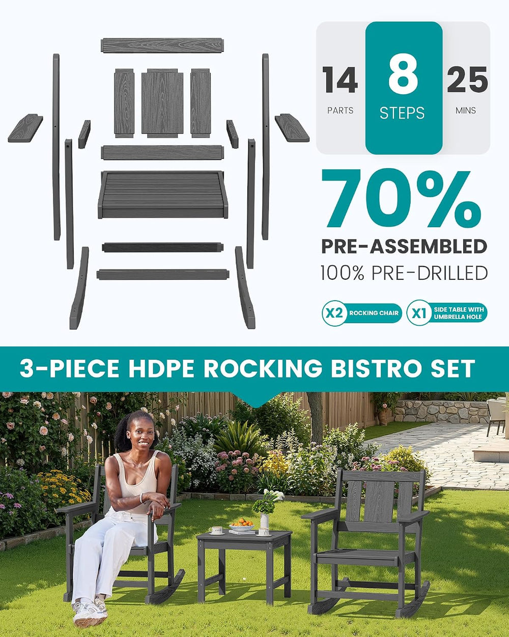 SERWALL 3-Piece Patio Furniture Set with 2 Rocking Chairs & Table, Grey