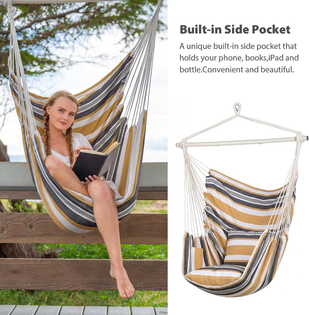 Hammock Chair Swing with Steel Support Bar, Coffee Stripes