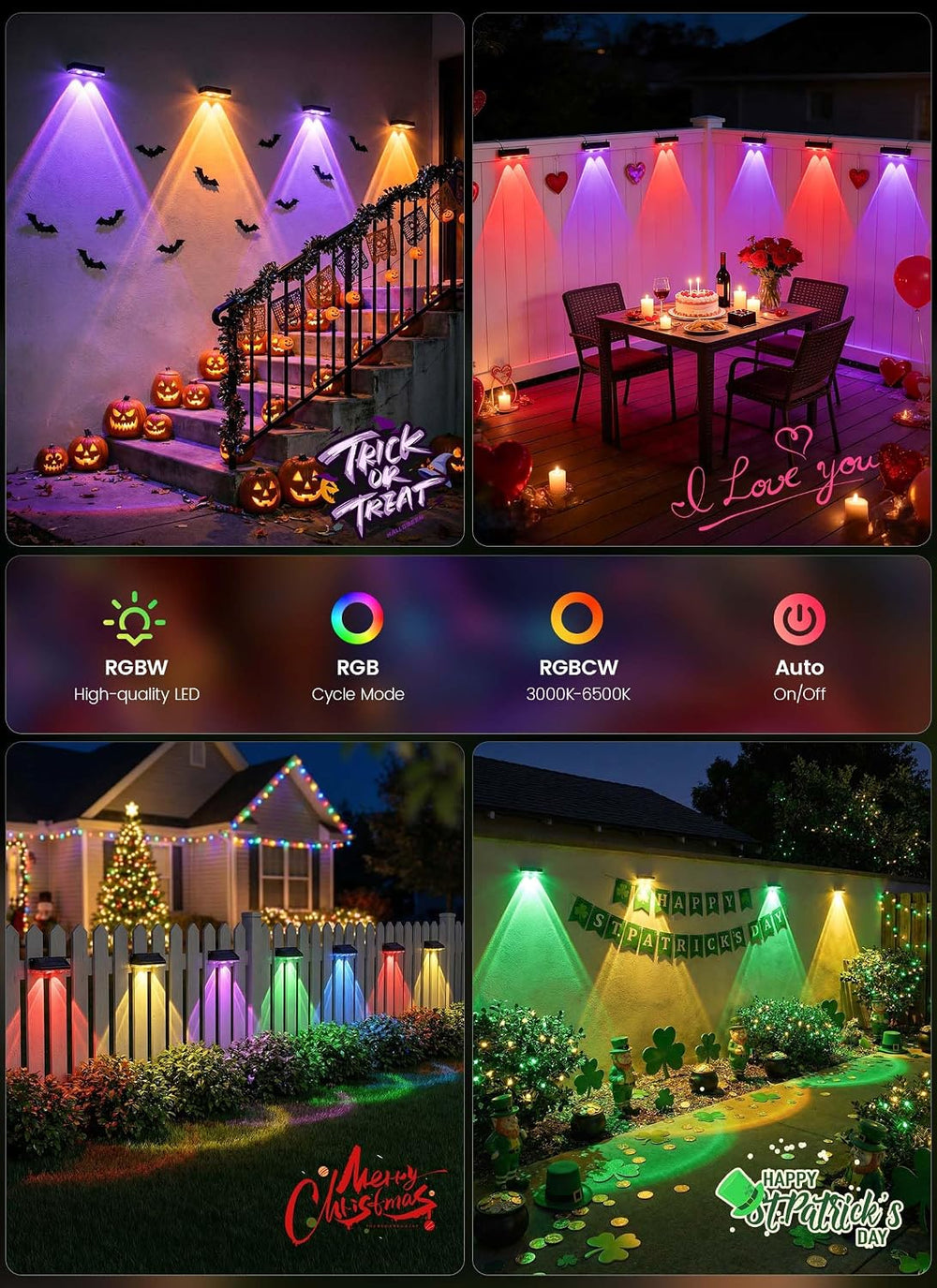 Brightown 8 Pack Solar Fence Lights Outdoor, 3000/4000/6000K/RGB 12 Modes