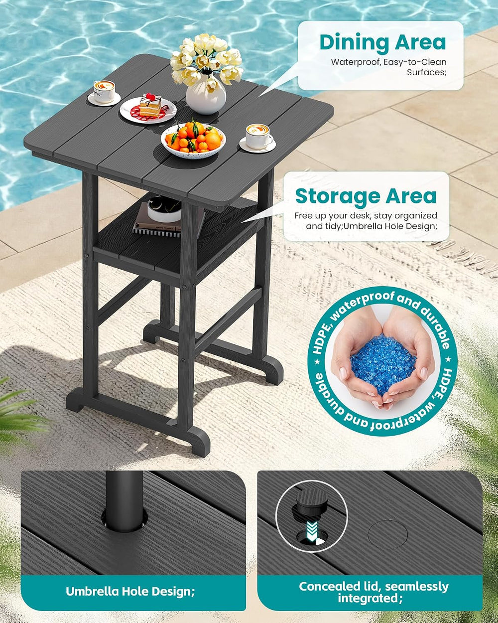 SERWALL 5 Pcs HDPE Bar Height Chairs and Double Layer Pub Table Set, Gray