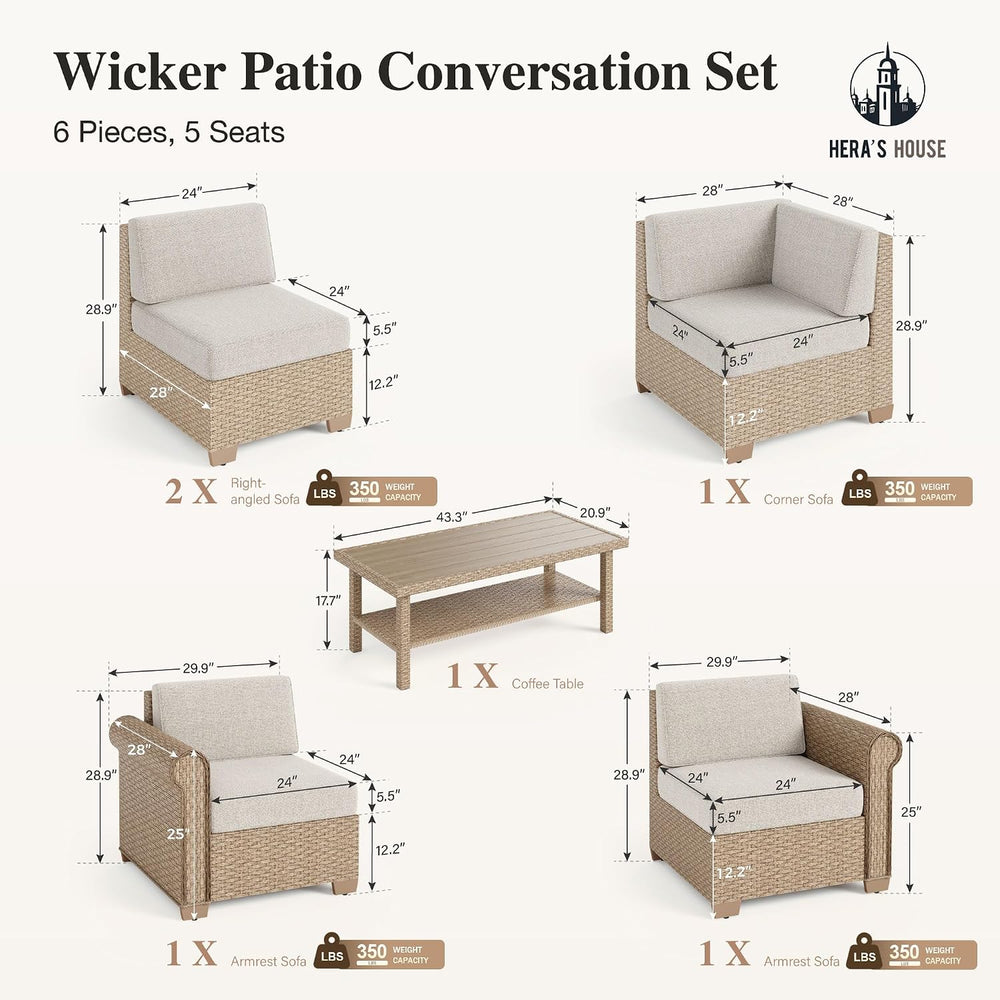 6-Piece Wicker Patio Furniture Set with 5 Seats, Beige