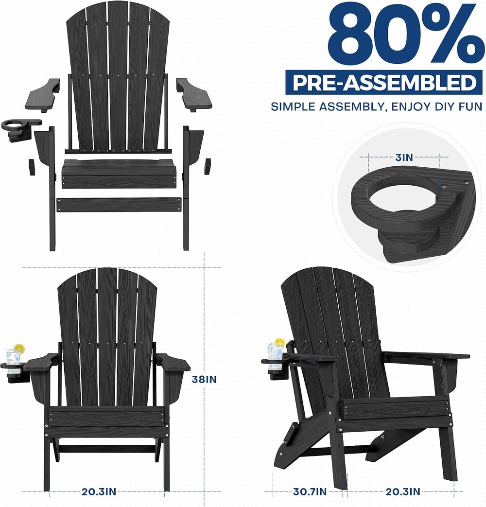 HDPE Folding Adirondack Chair with Cup Holders, Black