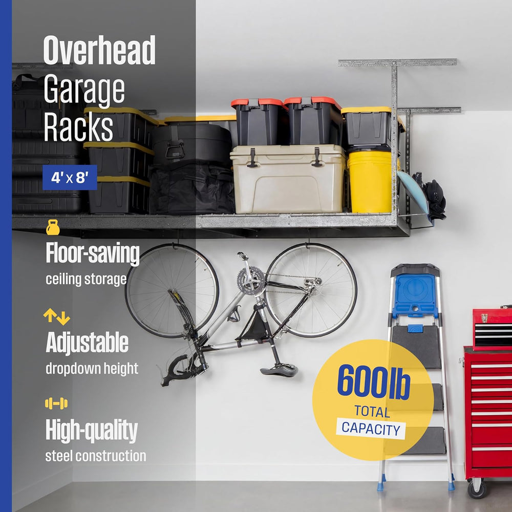 SafeRacks Gray 4x8 Overhead Storage Rack w/ 5-pc Hook Pack (12”-24" Drop)