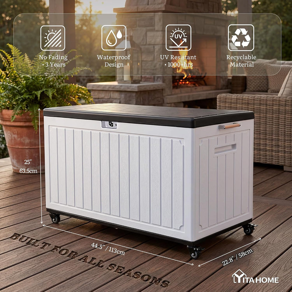 YITAHOME 90 Gallon Outdoor Storage Box with 6 Swivel Wheels & Dual Wooden