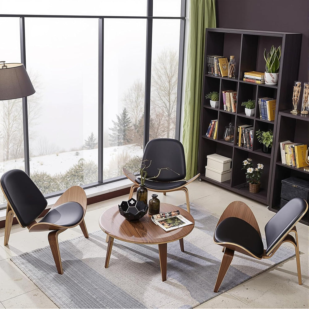 Mid Century Modern Shell Lounge Chair in Walnut & PU Leather