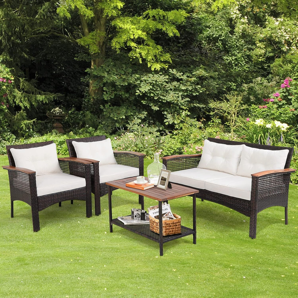 Tangkula 4-Piece Patio Furniture Set, Patiojoy Acacia Wood Outdoor PE Wicker ...