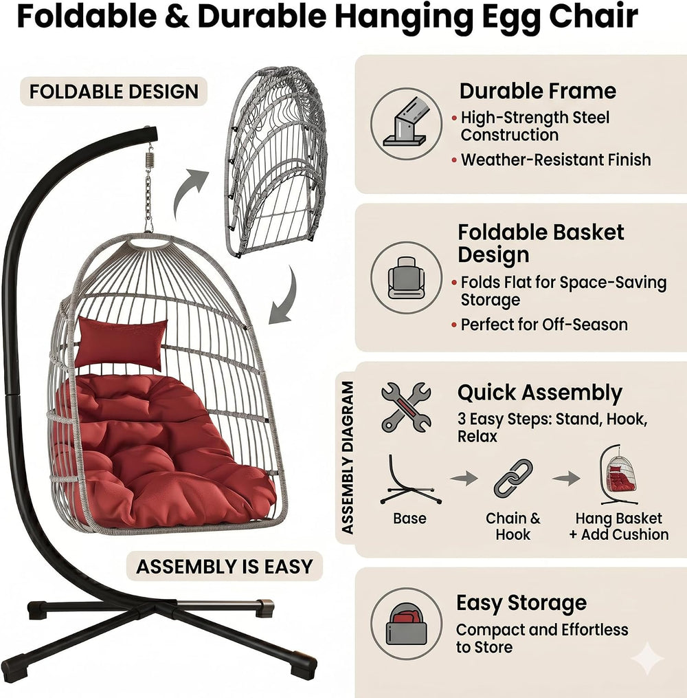 Foldable Hanging Egg Chair with Stand, HDPE Rattan and Heavy Duty Aluminum-St...