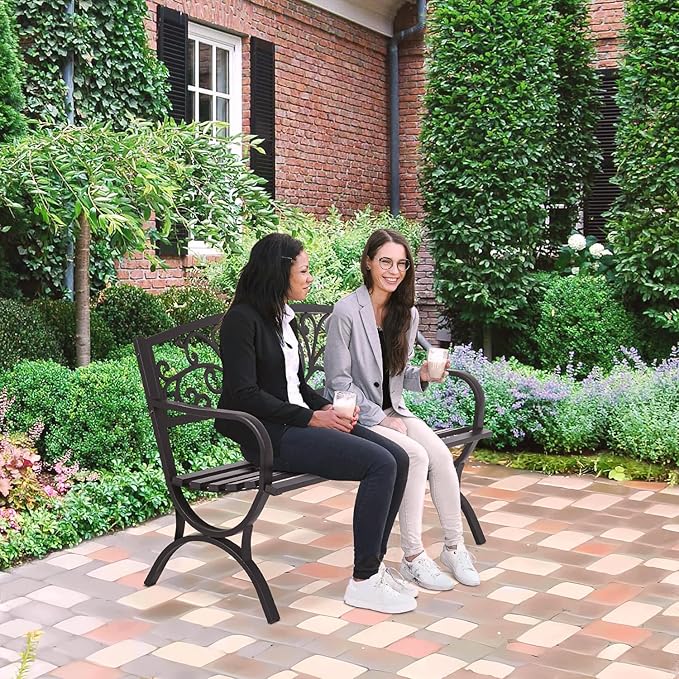 FDW Outdoor 50 Inches Garden Bench, Slatted Seat Armrests Floral Design Backr...