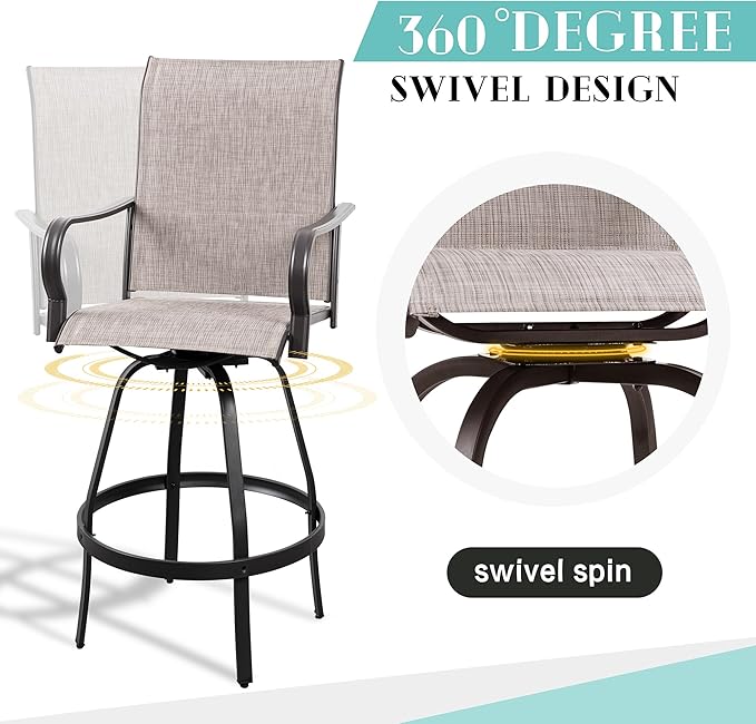 Vongrasig 3 Piece Patio Swivel Bar Set, All Weather Mental Textilene High Swi...