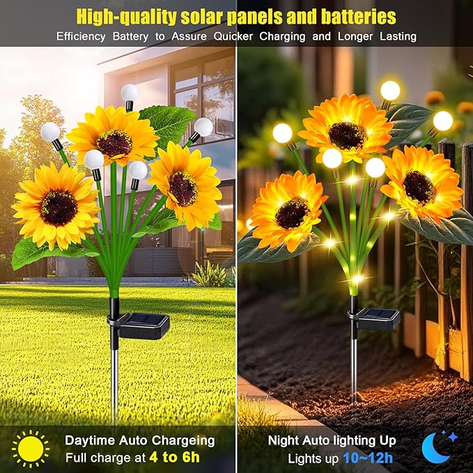 Solar Lights Outdoor Garden Decor,4 Pack Sunflower with Firefly Lights,Solar ...