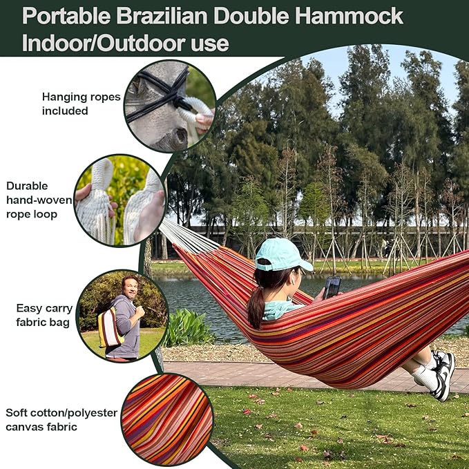 JoyView Brazilian Double Hammock with Hanging Ropes Extra Large 86.6x59” Port...