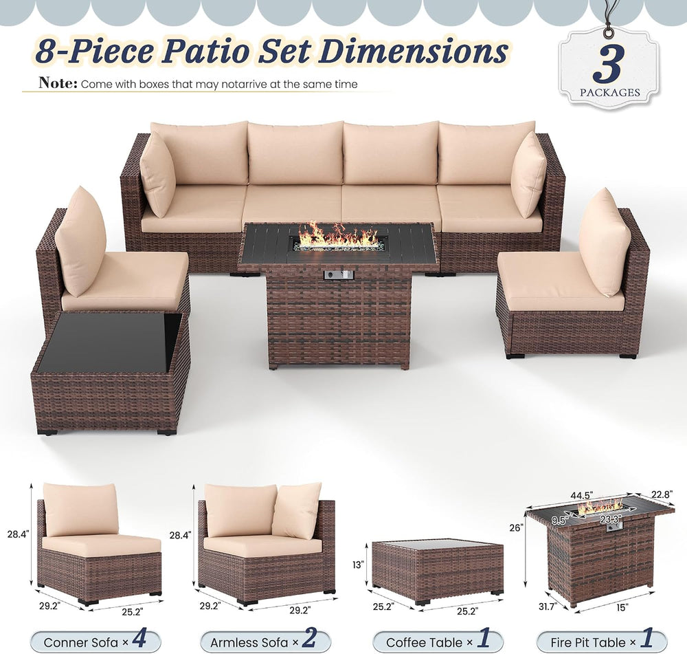 UDPATIO Patio Furniture Set with Fire Pit Table, 8-Piece Wicker Patio Set