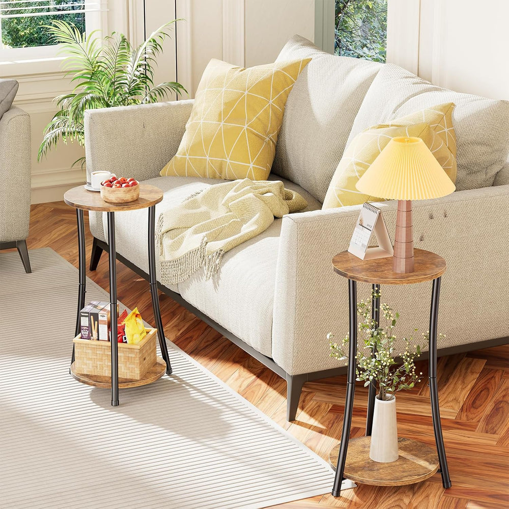 Simple Trending Round Side Table, 2 Tiers End Table for Living Room with Stor...