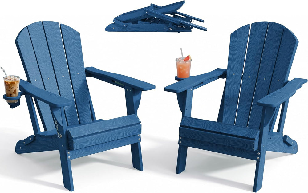 PLUUV Folding Adirondack Fire Pit Chairs Set of 2 with Cup Holders,Navy