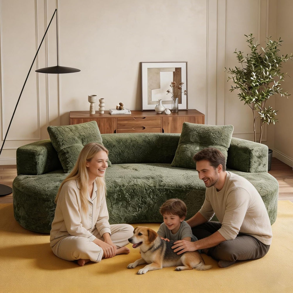 Boucle Curved Sofa 79.5" with 2 Pillows, 3-Seater Curved Couch