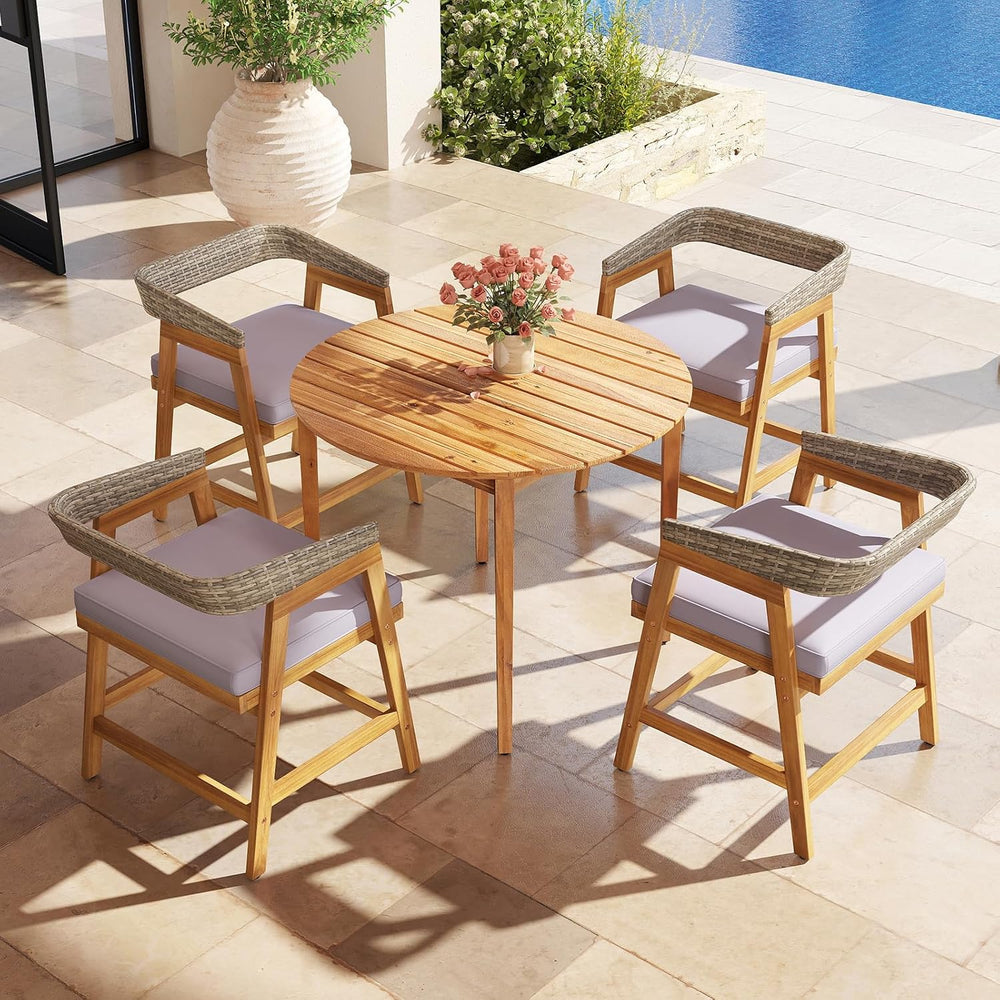 Tangkula 5 Piece Patio Dining Set for 4, Outdoor Solid Wood Round Table with ...