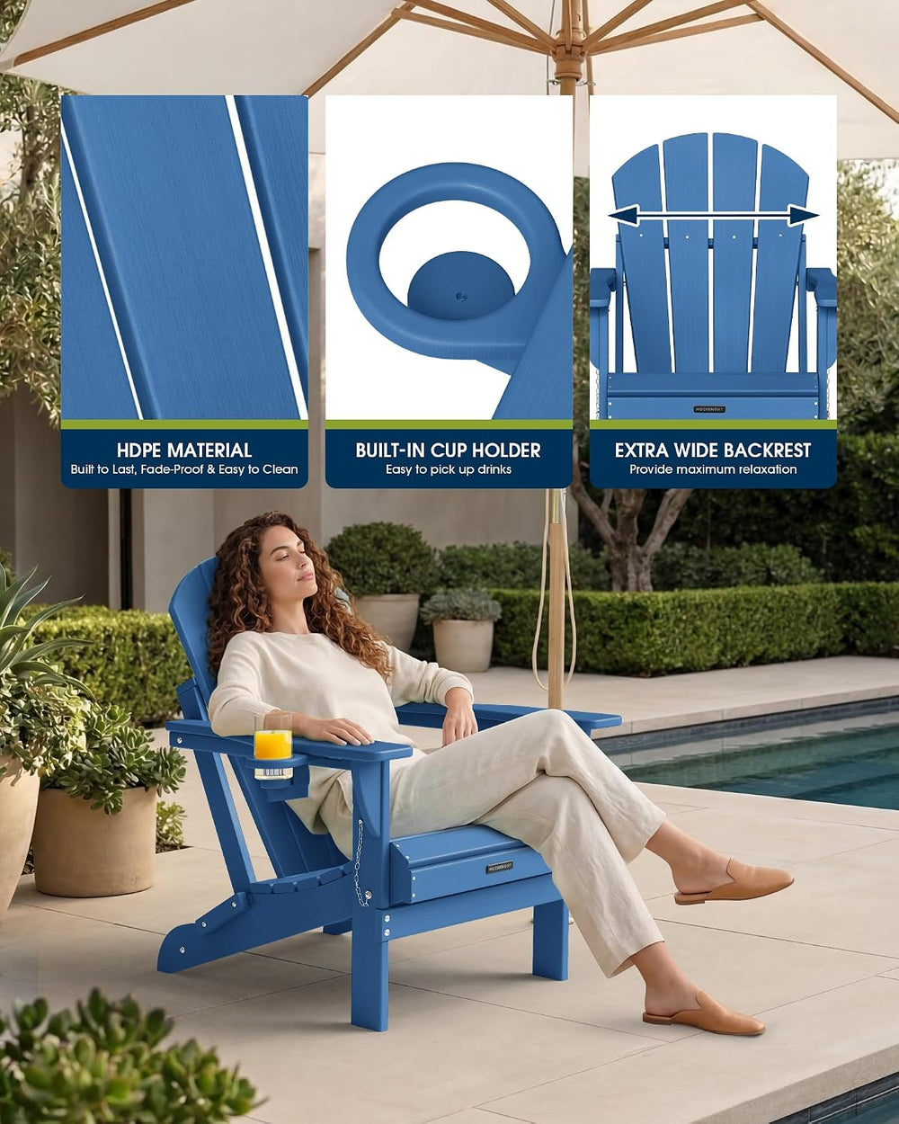 MUCHENGHY Folding Adirondack Chair HDPE for Fire Pit Outdoor, Navy Blue