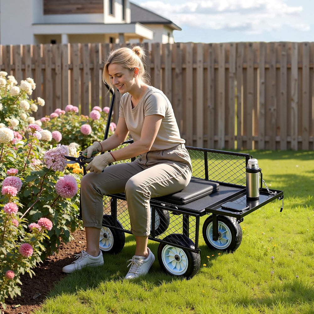 VEVOR 500 LBS Steel Garden Cart with Work Seat, Heavy Duty Garden Wagon Cart ...
