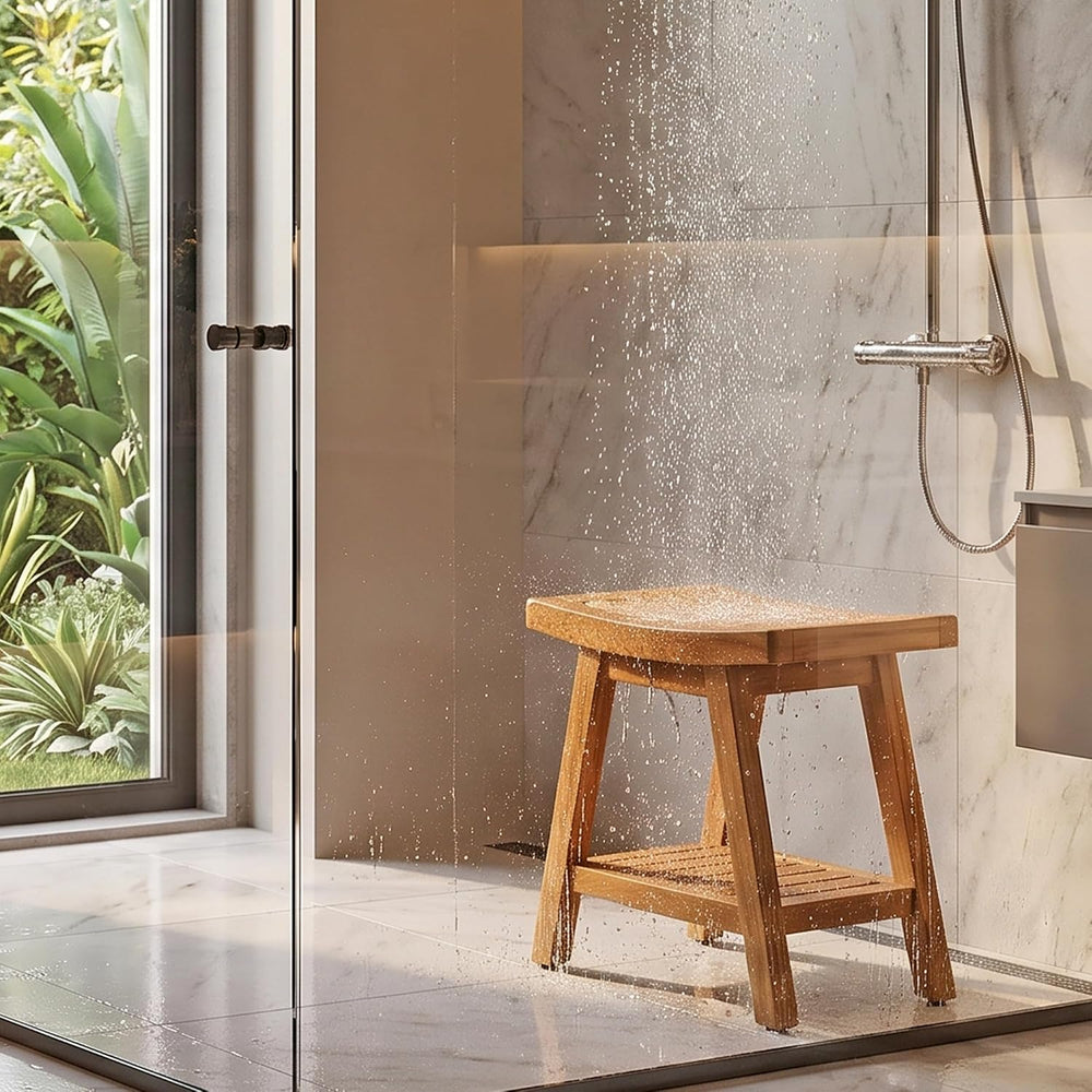 Asta SpaTeak Saba Solid Teak Indoor Outdoor Shower/Bath/Spa Bench with Bottom...