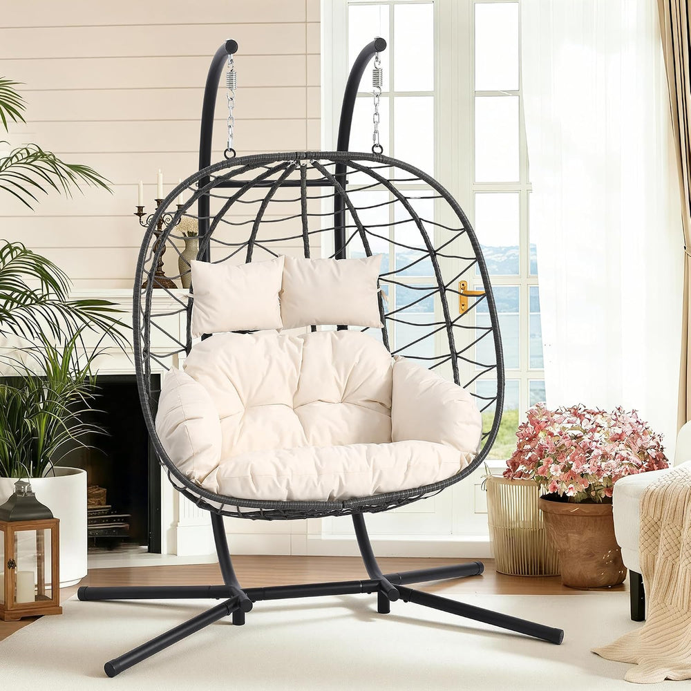 Double Egg Chair with Stand, 650 LBS Capacity, Beige