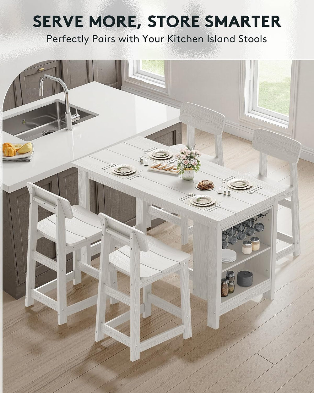 SERWALL Outdoor HDPE Counter-Height Bar Table with Storage Rack, White