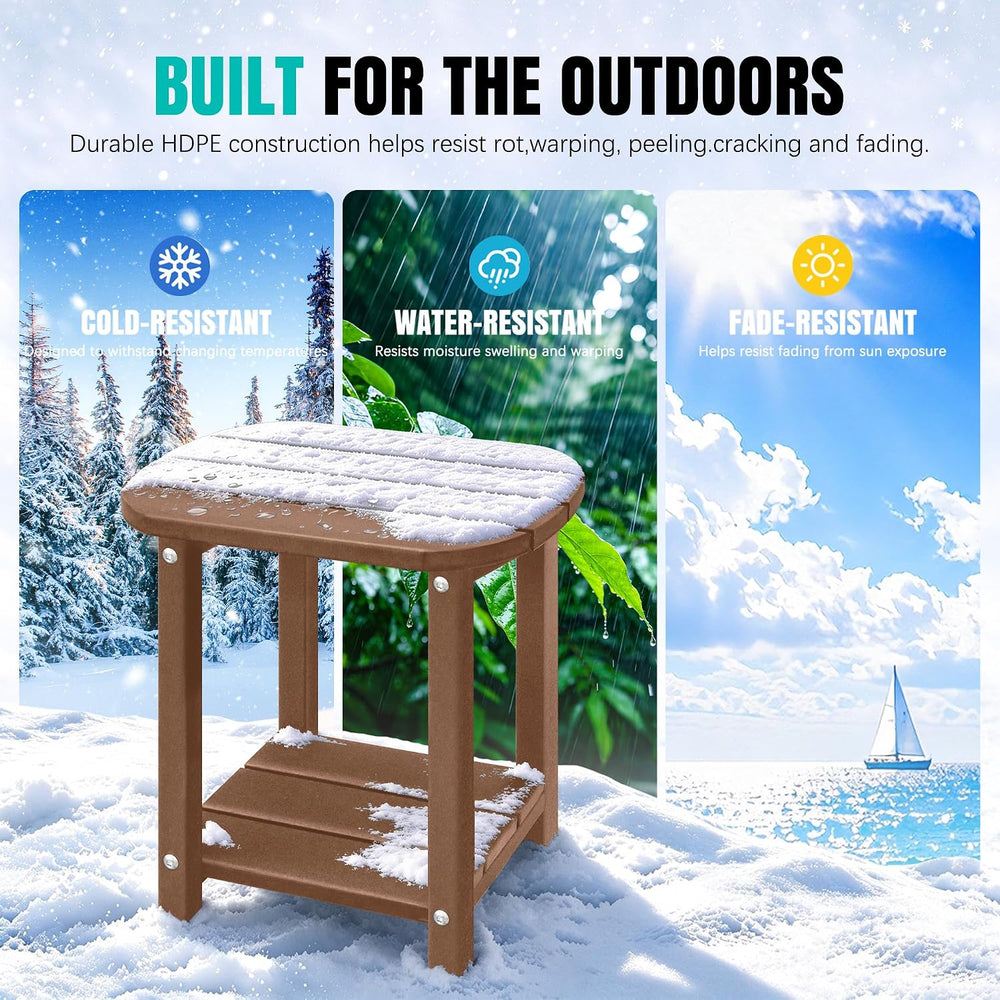 LZRS 2-Tier Patio Side Table, Heavy Duty HDPE Outdoor End Table with Wood Tex...