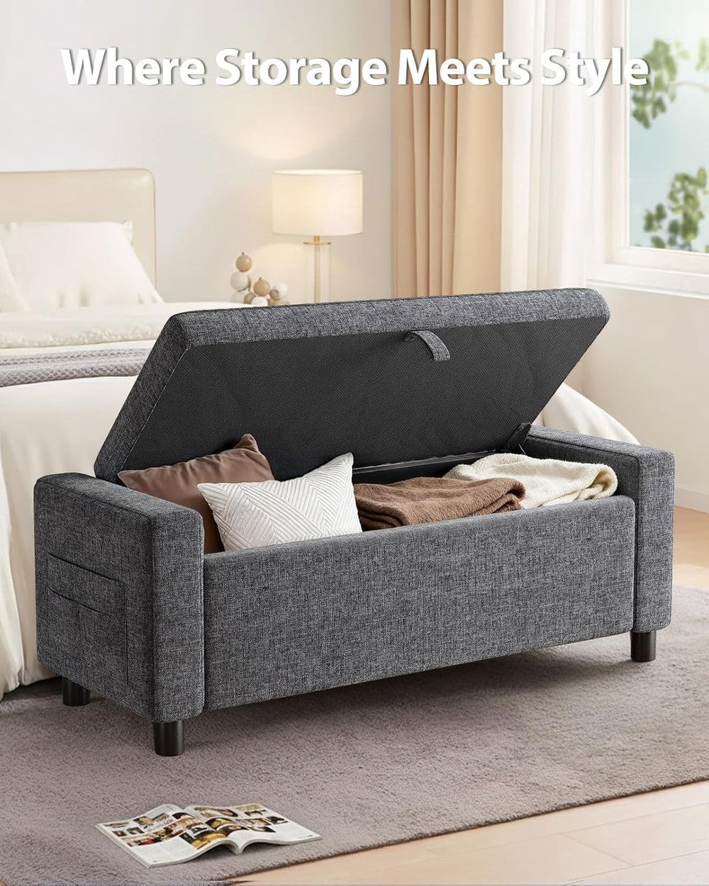 Amada 46" Storage Ottoman Bench, Side Pocket, Safety Hinge, Dark Gray