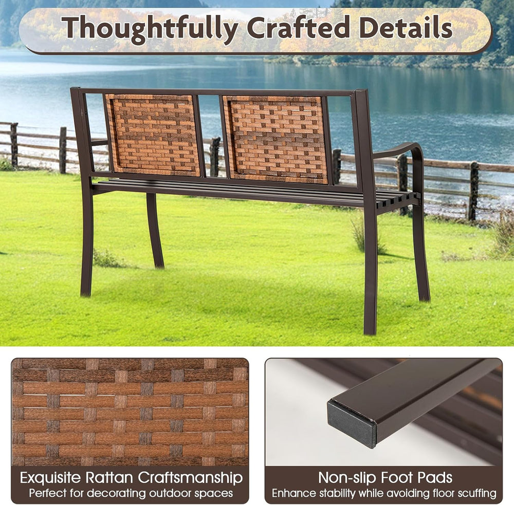 GIANTEX Outdoor Bench with PE Rattan Backrest, Curved Armrests, Slatted Seat ...
