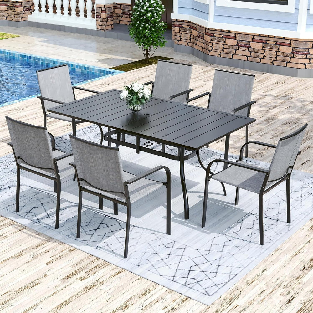 Anmutig 7-Piece Outdoor Dining Set, 63" Patio Table, Stackable Chairs Gray