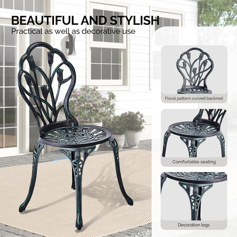 Outvita 3 Piece Cast Aluminum Bistro Set, Tulip Pattern Verdigris