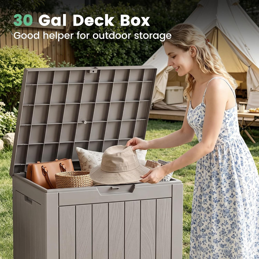 30 Gallon Outdoor Storage Box, Lockable Waterproof Resin Deck Box, Gray