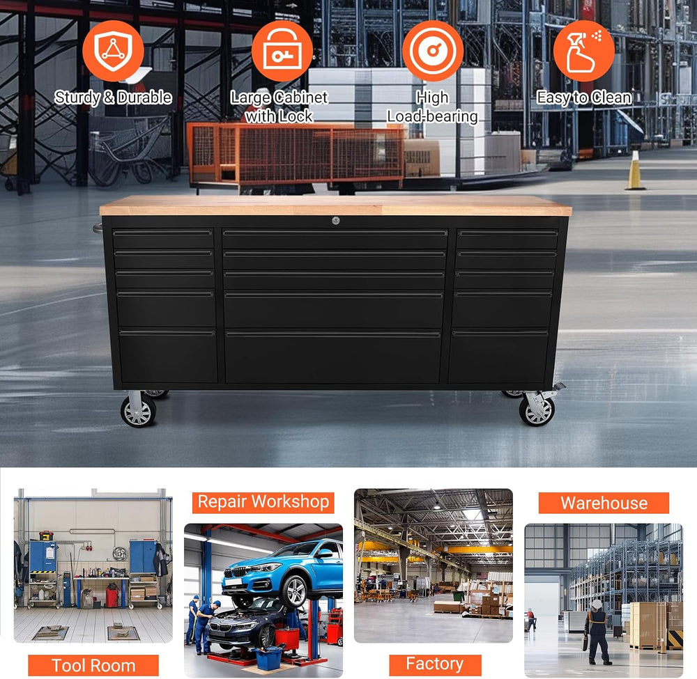72" Heavy-Duty Rolling Tool Chest & Garage Workbench with 15 Drawers...