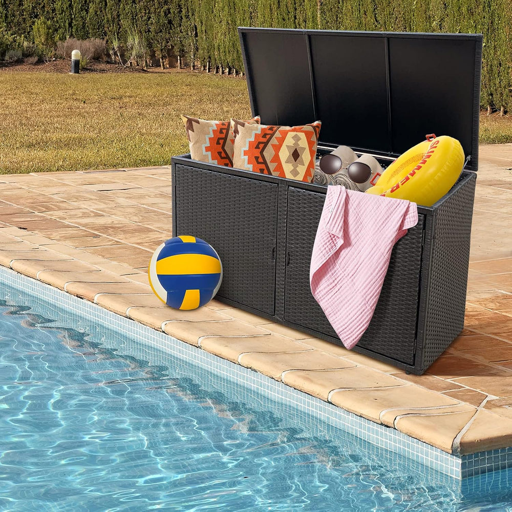 HAPPYGRILL Deck Box Outdoor Wicker Storage Box Cabinet, 88 Gallon Patio Ratta...