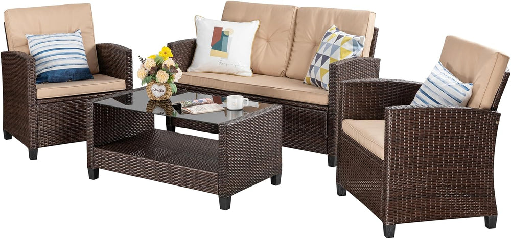 Vongrasig 4 Piece Patio Furniture Set, Wicker Porch Furniture, Beige