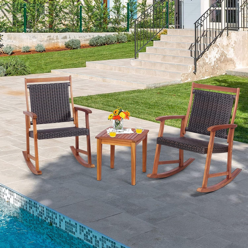 HAPPYGRILL 3 Pieces Rocking Bistro Set Acacia Wood Patio Rocking Chairs with ...