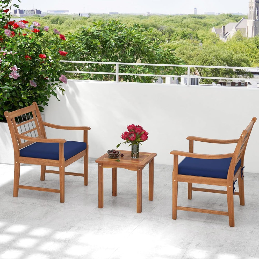 Tangkula 3 Piece Wood Patio Furniture Set, Outdoor Bistro Set w/Soft Seat Cus...