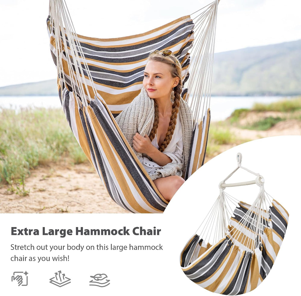 Hammock Chair Swing with Steel Support Bar, Coffee Stripes