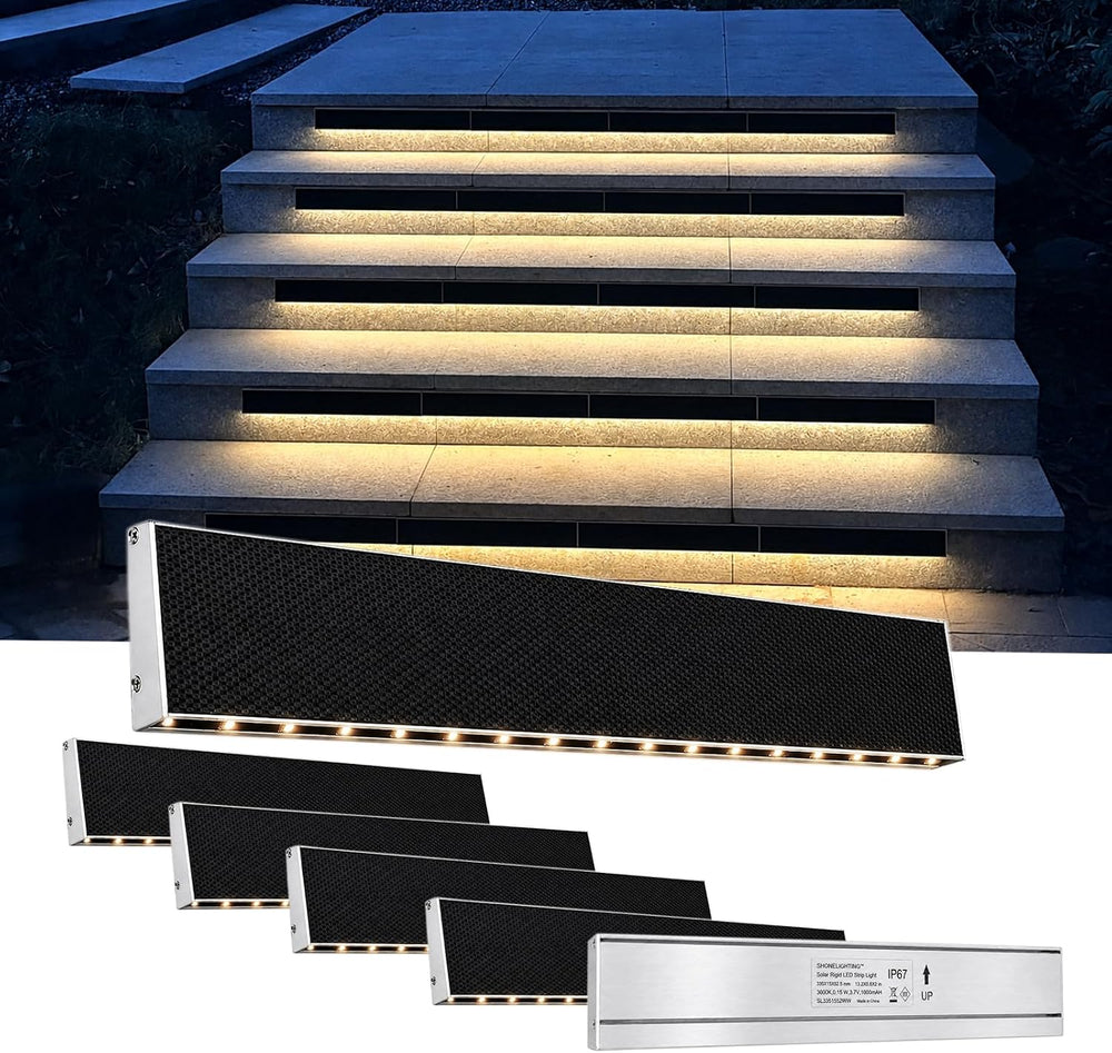 SHONELIGHTING Solar LED Strip Lights Outdoor, Rigid Modular Stair Light 6pk