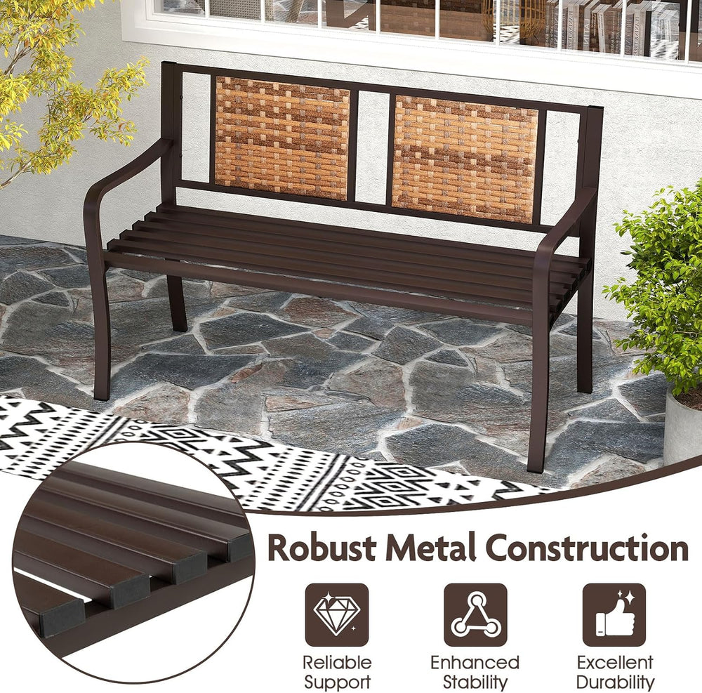 GIANTEX Outdoor Bench with PE Rattan Backrest, Curved Armrests, Slatted Seat ...