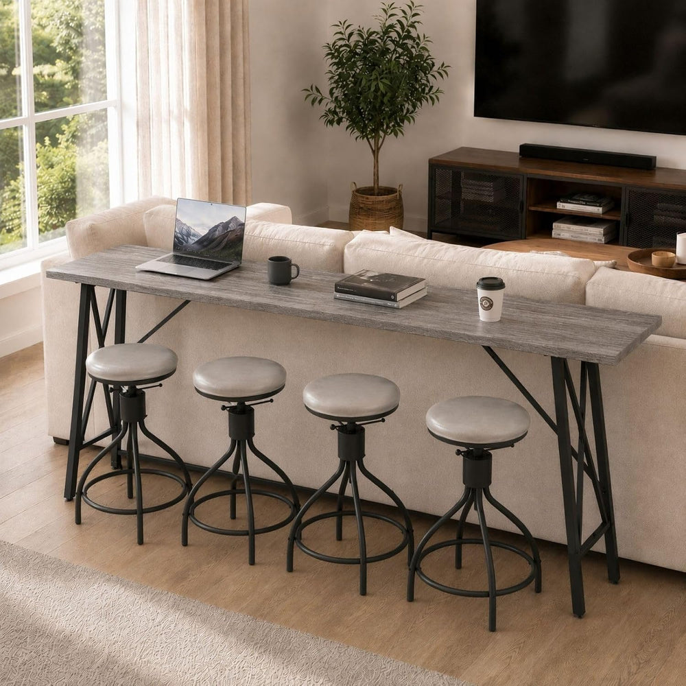Karl home 83.8" Bar Table and Chairs Set, 4 Adjustable PU Stools, Gray
