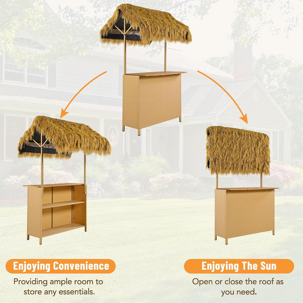 Outdoor 3-Piece Tiki Bar Set, Wicker Bar Table & 2 Stools