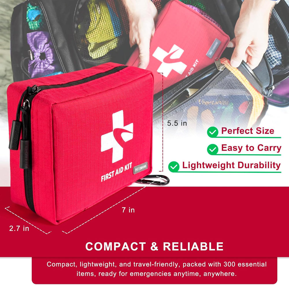300 Piece First Aid Kit, Compact Waterproof First Aid Bag with 9 Organized Co...