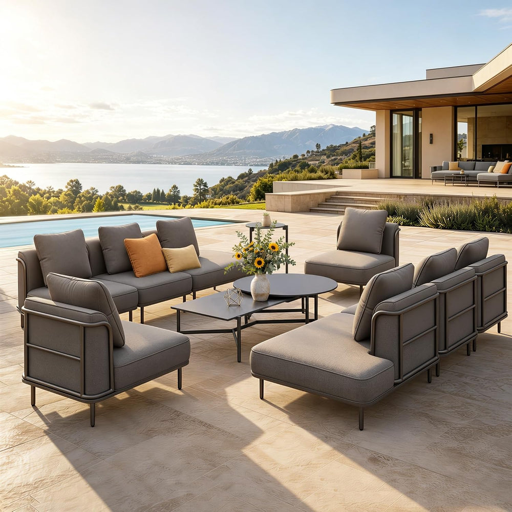 HERA'S HOUSE Metal Patio Furniture Set, 10-Seat Modular Design, Grey